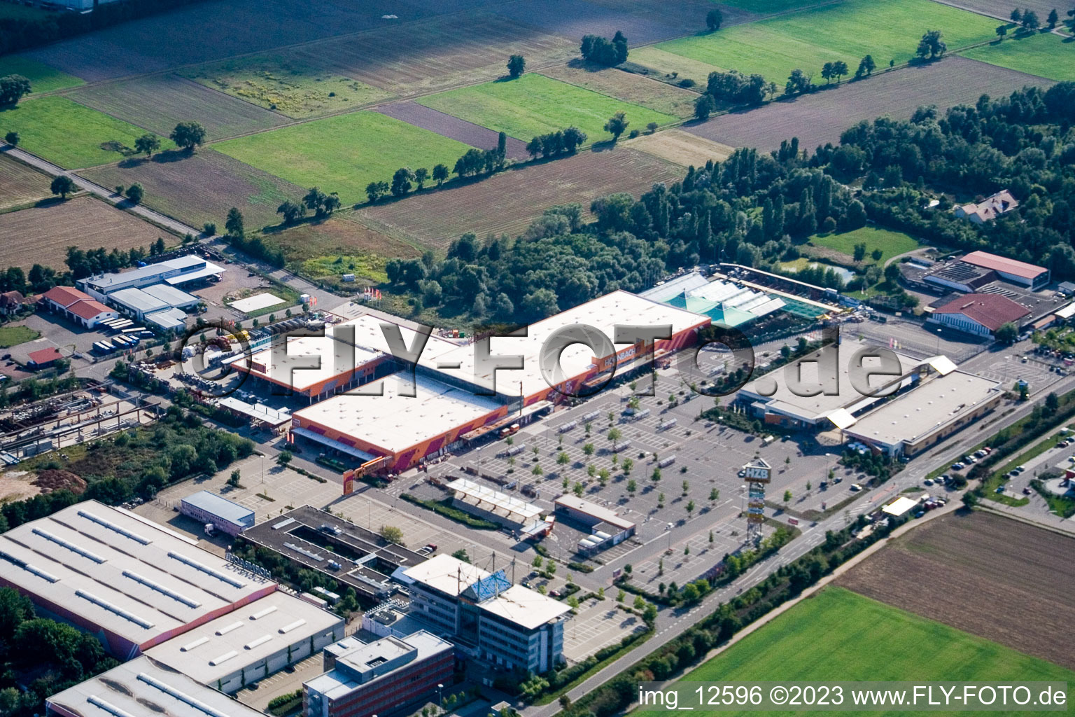 Aerial view of Hornbach hardware store in the Bruchwiesenstr industrial area in Bornheim in the state Rhineland-Palatinate, Germany