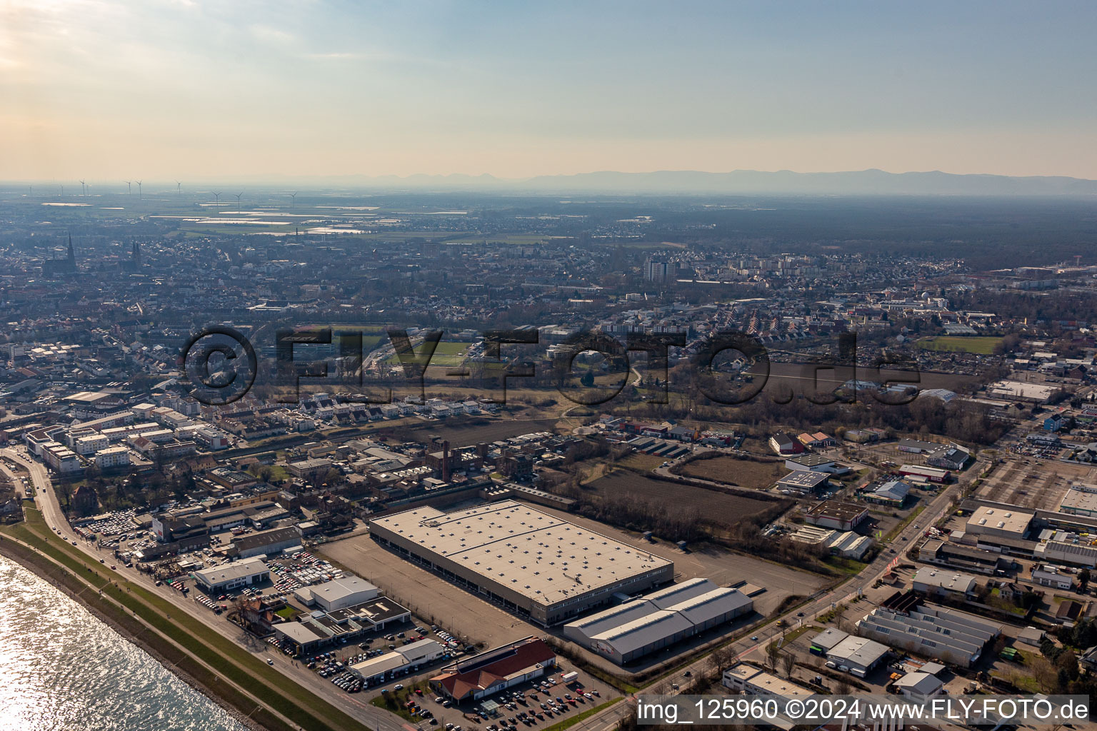 Aerial view of Auestrasse industrial area, Lidl Commerce warehouse in the district Ludwigshof in Speyer in the state Rhineland-Palatinate, Germany