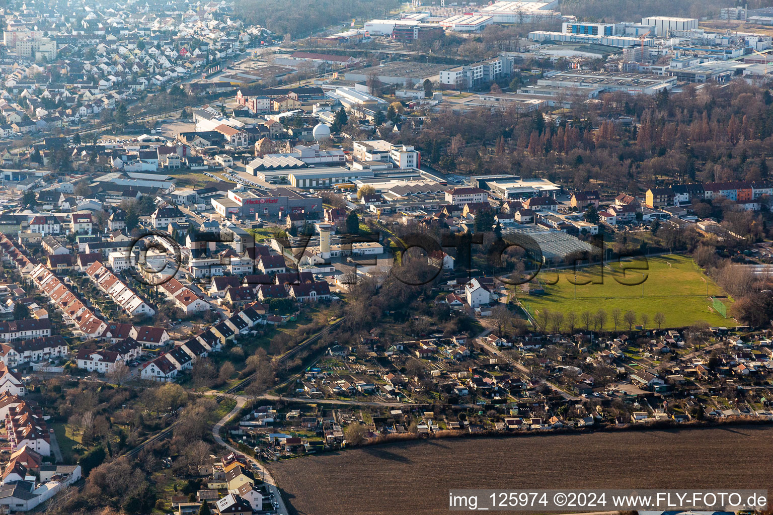 Aerial view of Allotment gardens and sports field at the cow pasture in Speyer in the state Rhineland-Palatinate, Germany