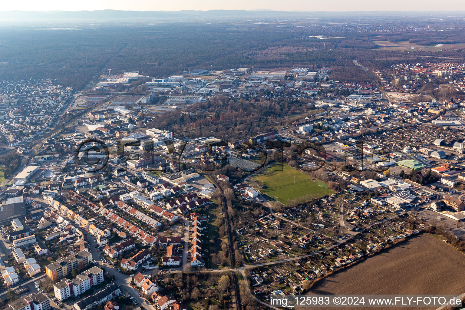 Aerial view of Allotment gardens and sports field at the cow pasture in the district Ludwigshof in Speyer in the state Rhineland-Palatinate, Germany