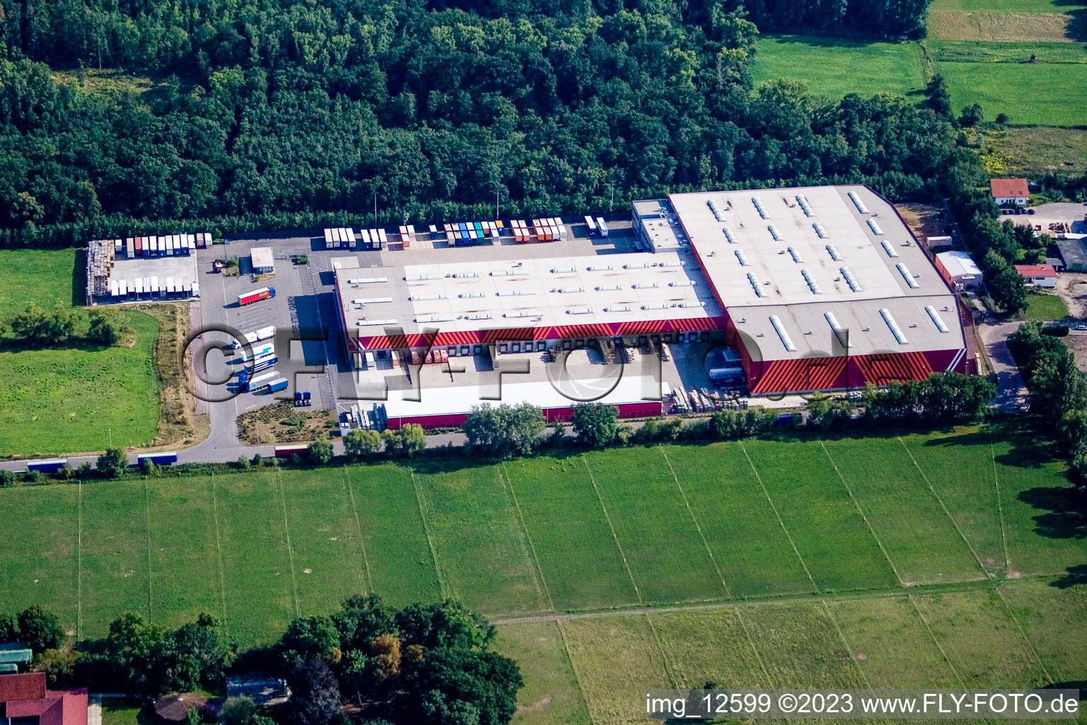 Aerial view of Hornbach Logistics Center in the district Dreihof in Essingen in the state Rhineland-Palatinate, Germany