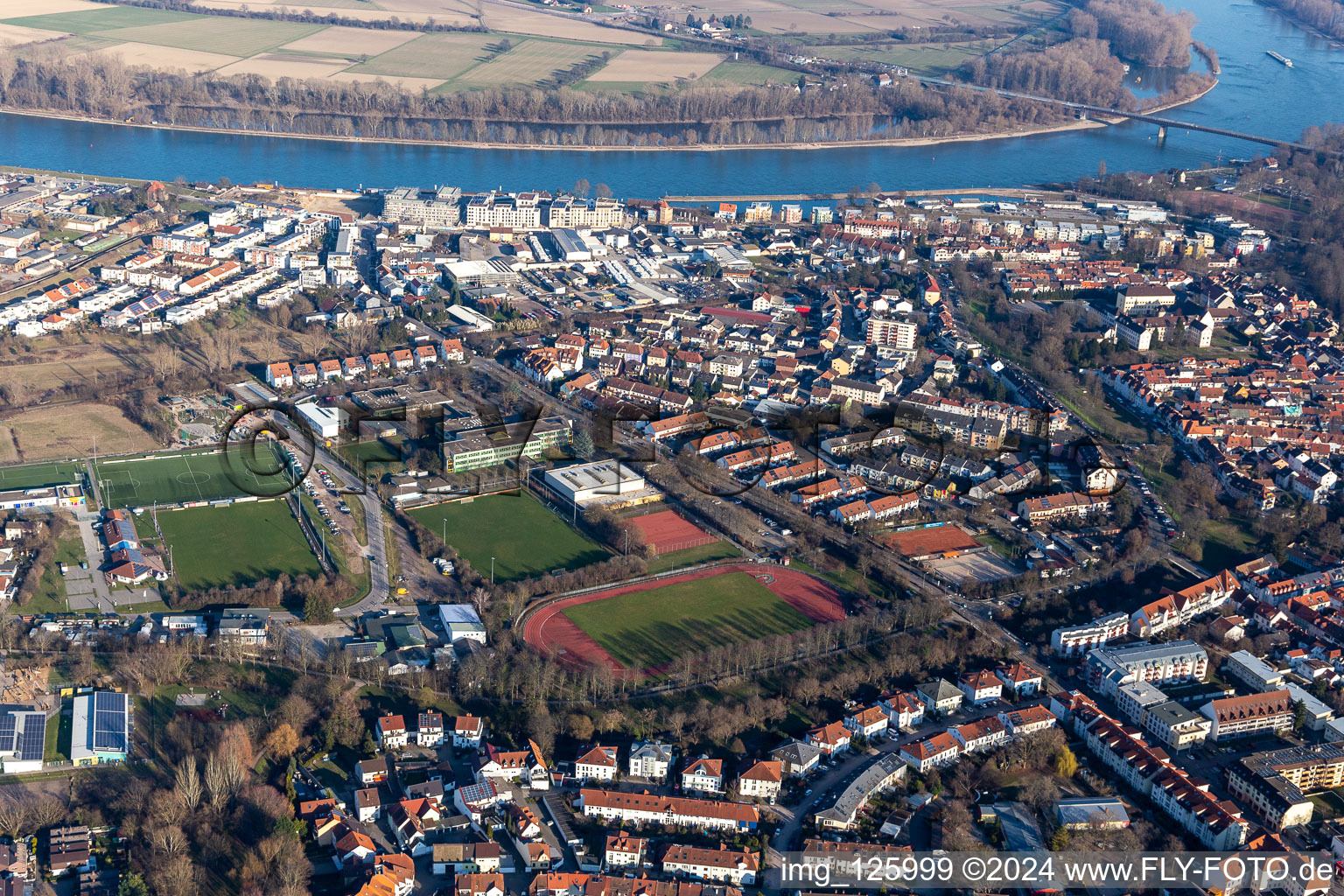 Aerial view of Helmut Bantz Stadium in Speyer in the state Rhineland-Palatinate, Germany