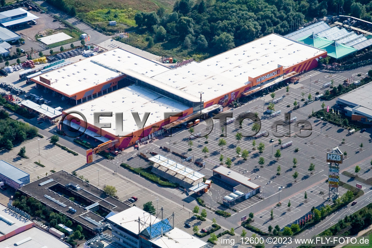 Aerial photograpy of Hornbach hardware store in the Bruchwiesenstr industrial area in Bornheim in the state Rhineland-Palatinate, Germany