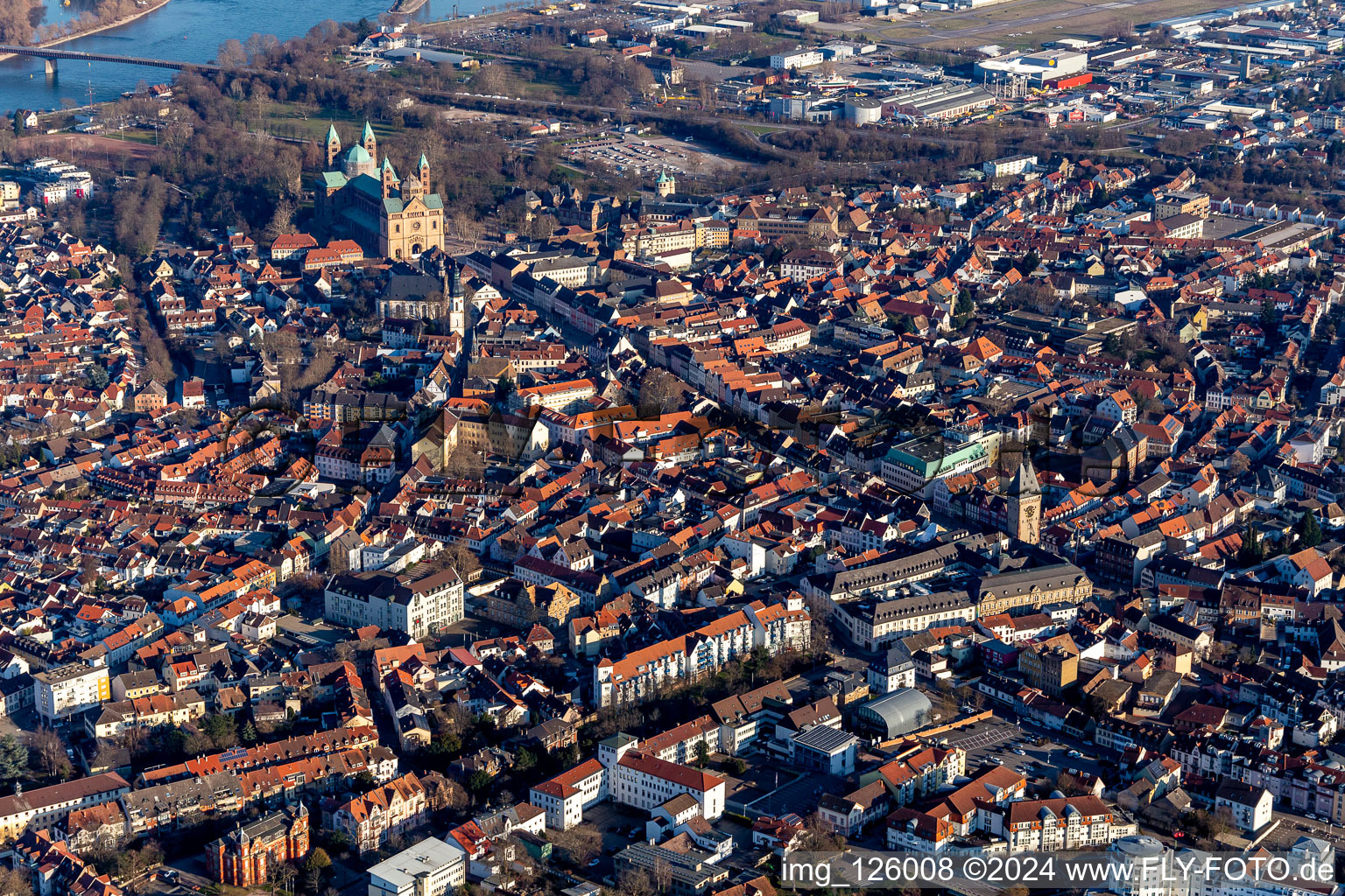 Aerial view of Old Town area and city center in Speyer in the state Rhineland-Palatinate, Germany