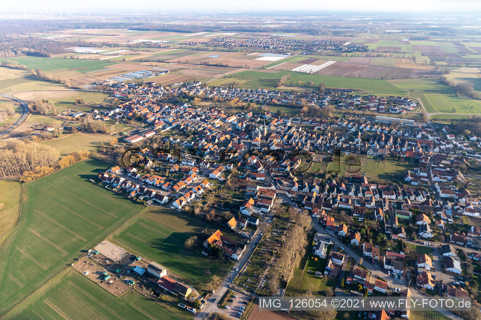 District Geinsheim in Neustadt an der Weinstraße in the state Rhineland-Palatinate, Germany seen from above