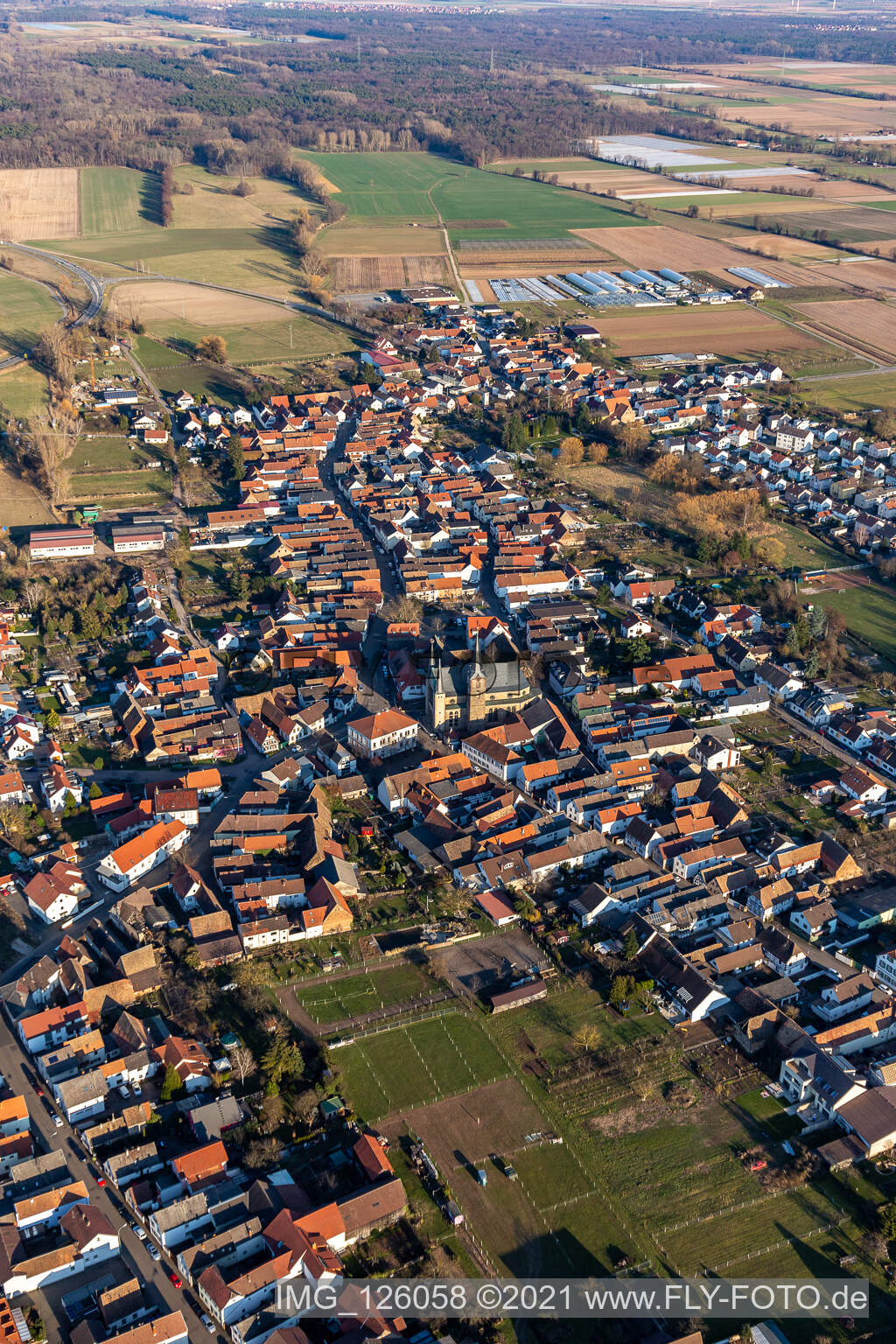 Aerial view of The city center in the downtown area in Geinsheim in the state Rhineland-Palatinate, Germany
