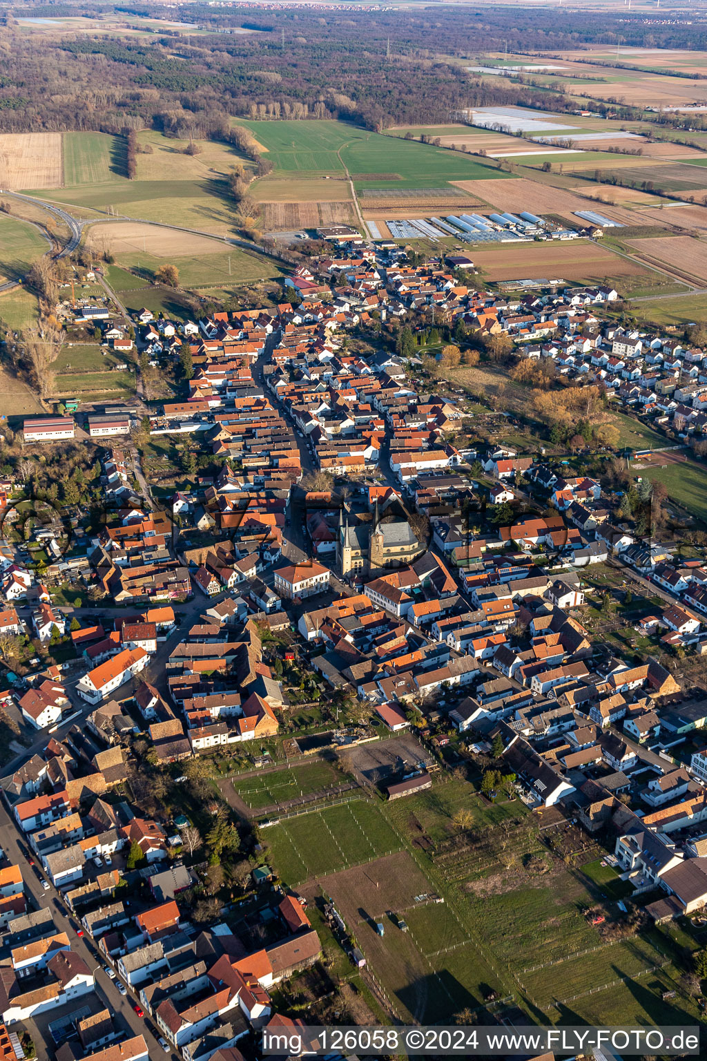 Aerial view of The city center in the downtown area in Geinsheim in the state Rhineland-Palatinate, Germany