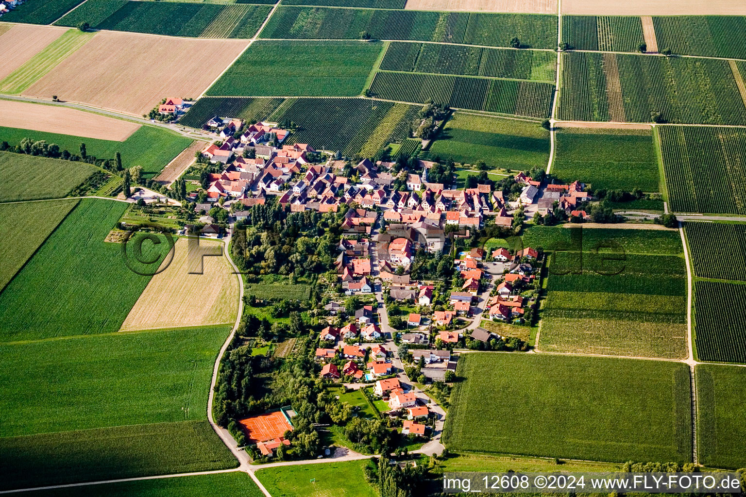 Village - view on the edge of agricultural fields and farmland in the district Eckel in Kleinfischlingen in the state Rhineland-Palatinate