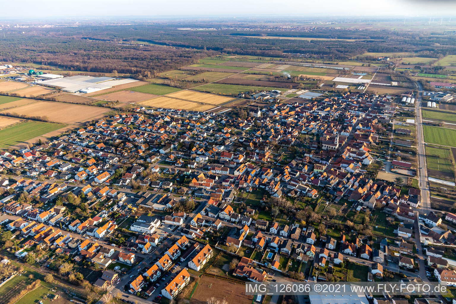 Aerial view of Village view on the edge of agricultural fields and land in Zeiskam in the state Rhineland-Palatinate, Germany