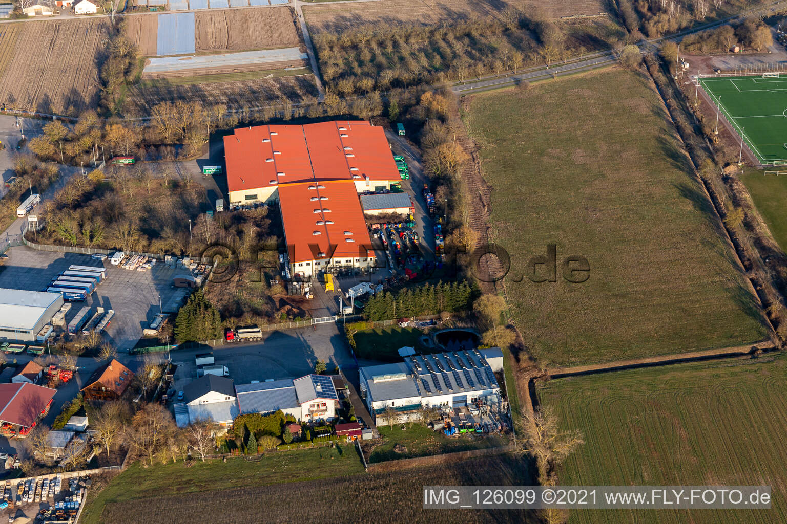 Aerial photograpy of Commercial area In der Sauheide, Bührmann wines in Zeiskam in the state Rhineland-Palatinate, Germany