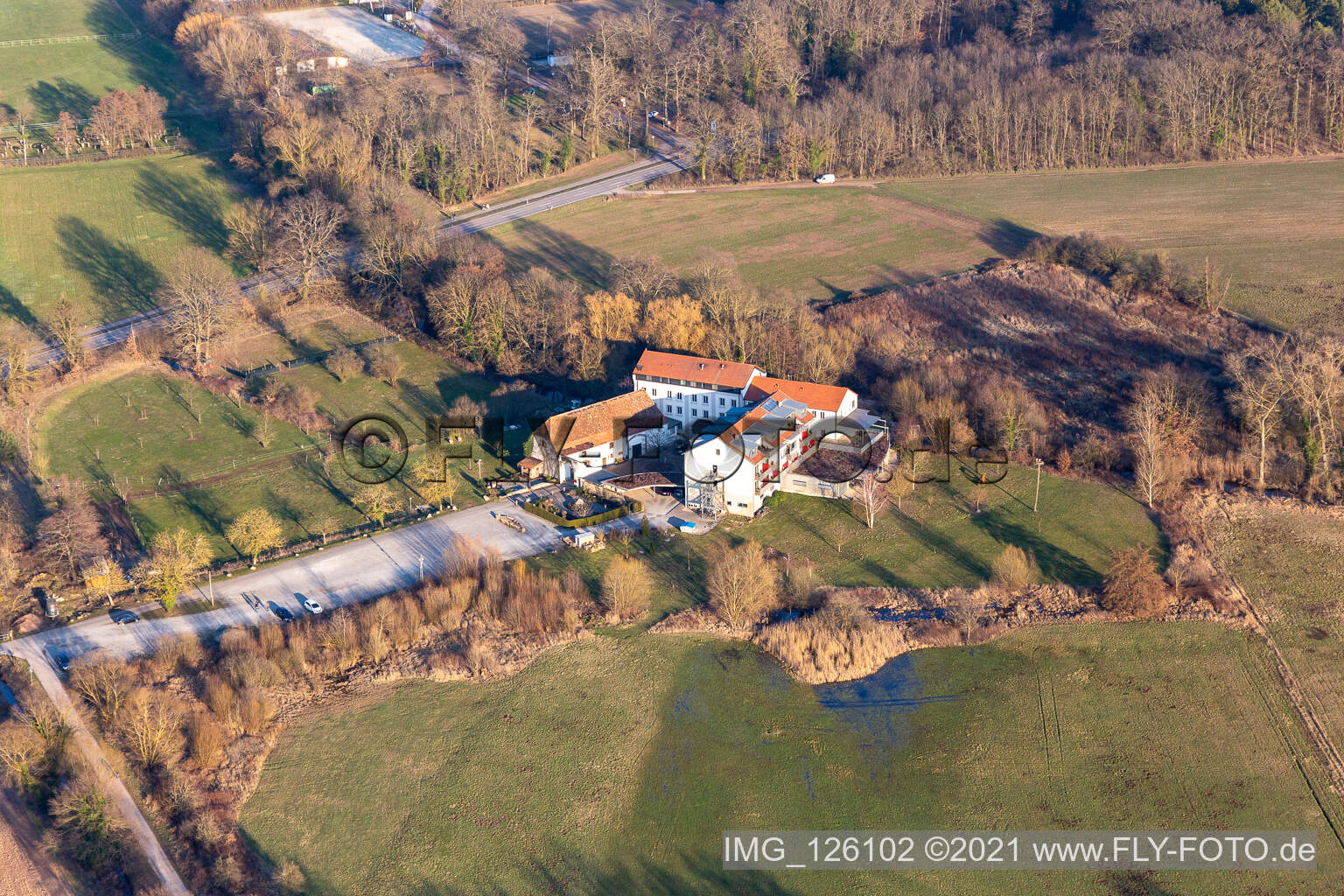 Complex of the hotel building Zeiskamer Muehle in Zeiskam in the state Rhineland-Palatinate, Germany from above