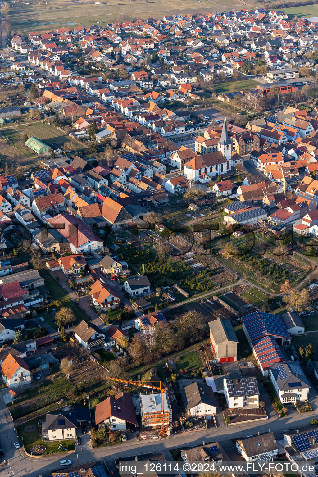 Aerial view of Church building in the village of in Ottersheim bei Landau in the state Rhineland-Palatinate, Germany