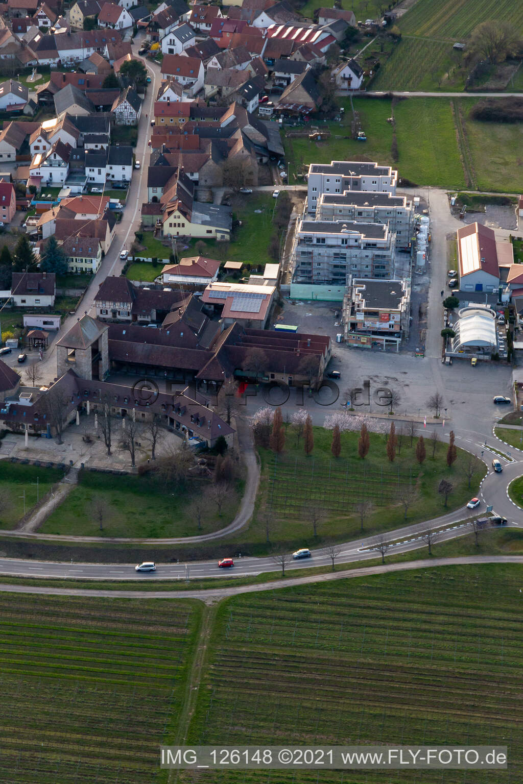 Aerial view of New buildings Sylvanerstr in the district Schweigen in Schweigen-Rechtenbach in the state Rhineland-Palatinate, Germany