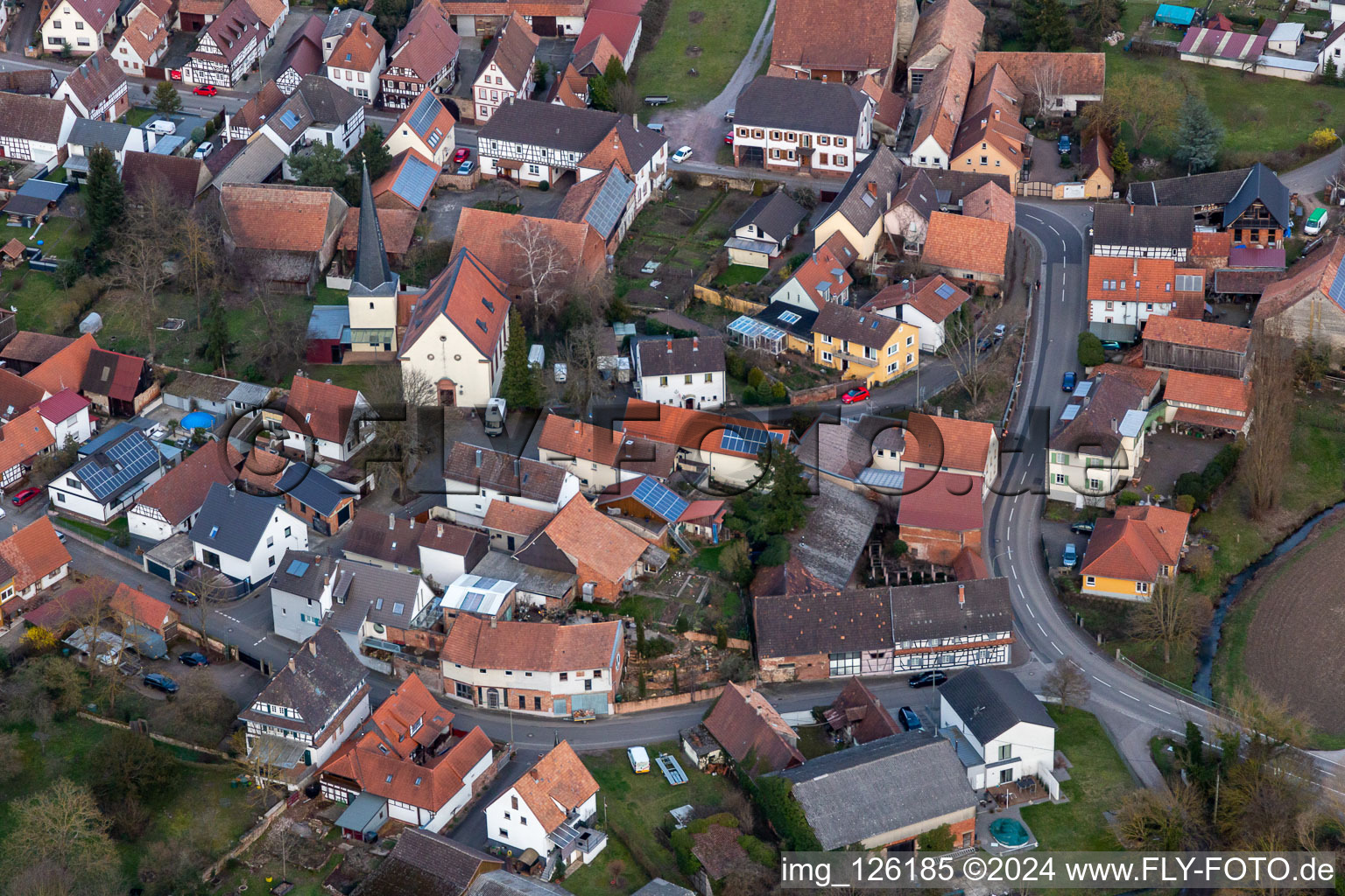 Aerial view of Protestant Church in Barbelroth in the state Rhineland-Palatinate, Germany