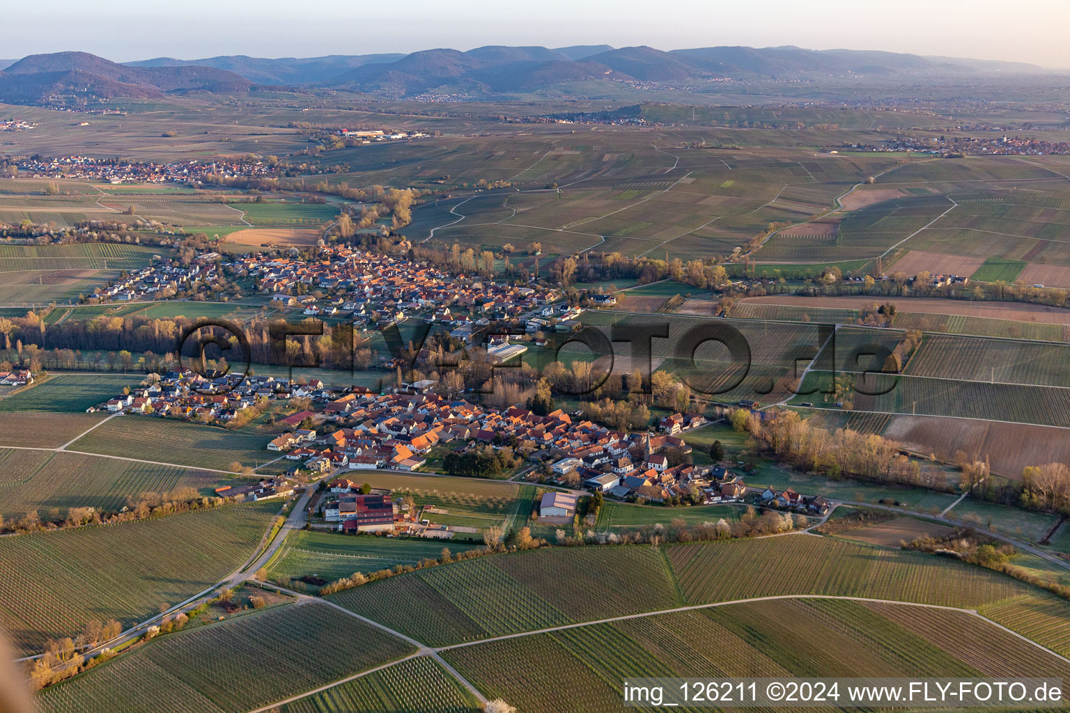 Aerial view of Village - view on the edge of agricultural fields and wine yards in the district Heuchelheim in Heuchelheim-Klingen in the state Rhineland-Palatinate, Germany