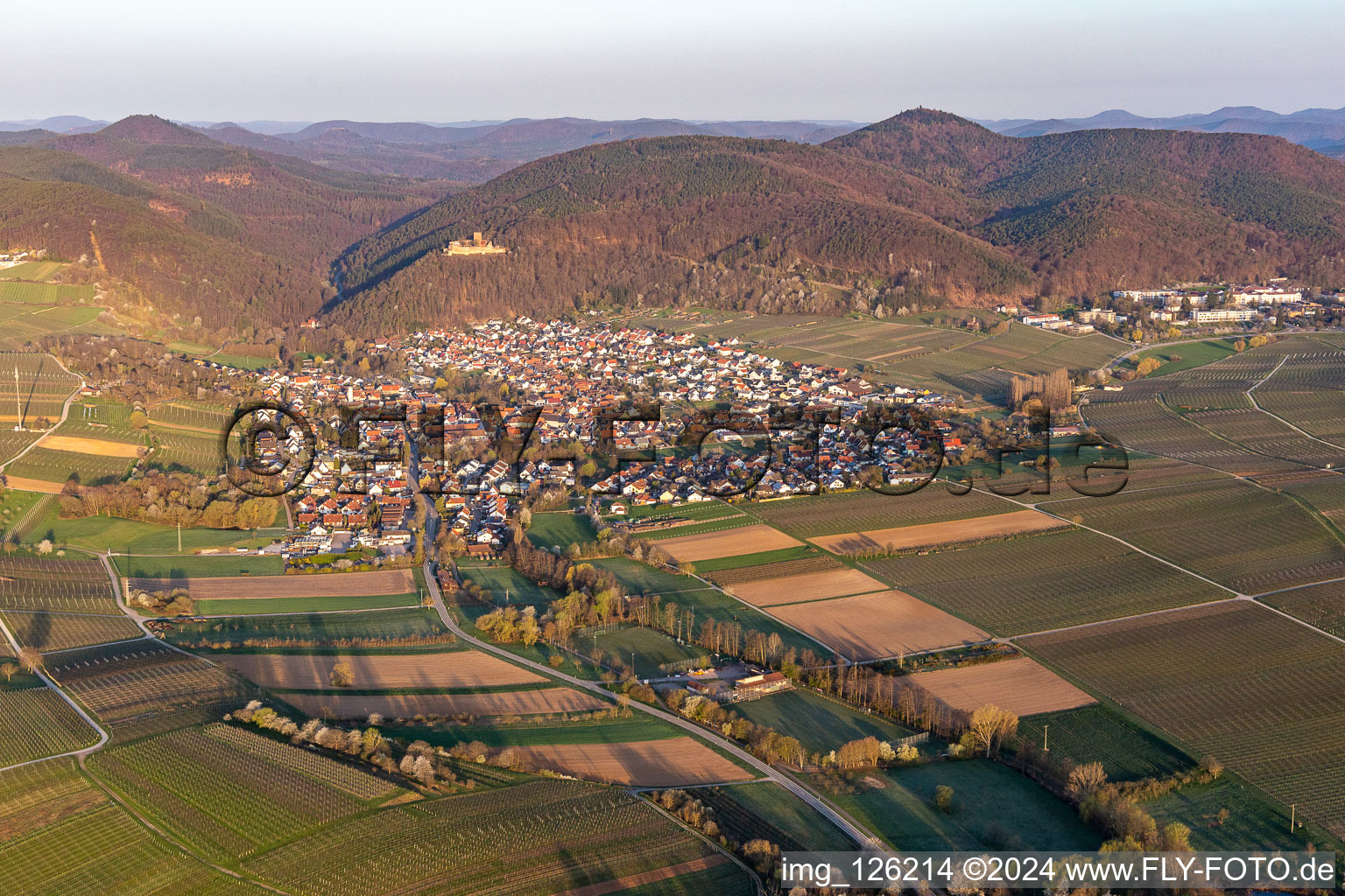 Klingbachtal in the spring bloom before mountain scenery at Haardtrand of Palatinat forest in Klingenmuenster in the state Rhineland-Palatinate