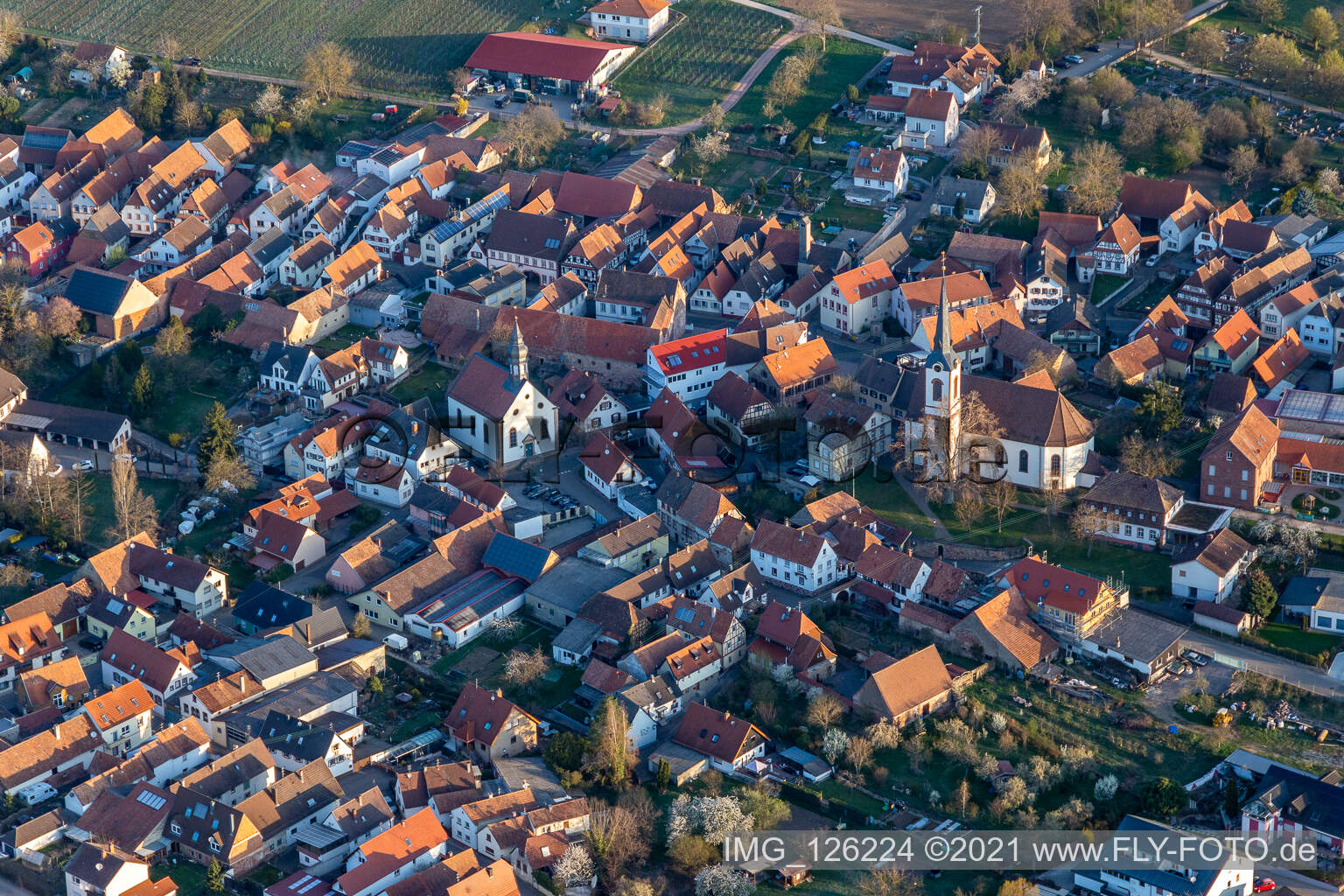 Aerial view of Churches in Göcklingen in the state Rhineland-Palatinate, Germany