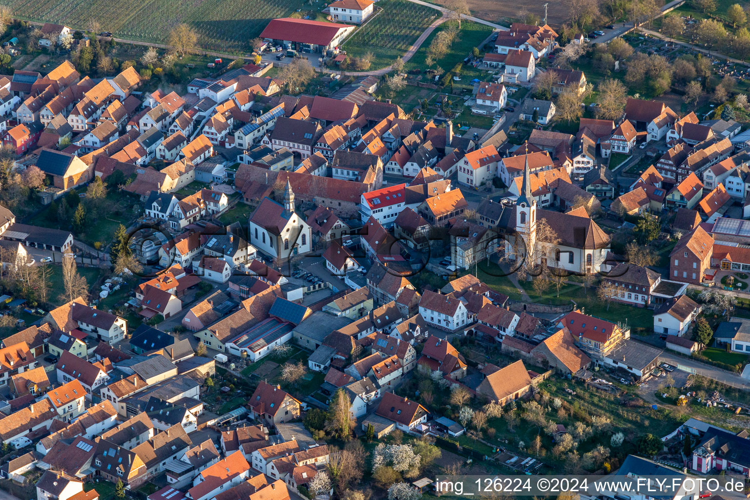 Aerial view of Churches in Göcklingen in the state Rhineland-Palatinate, Germany