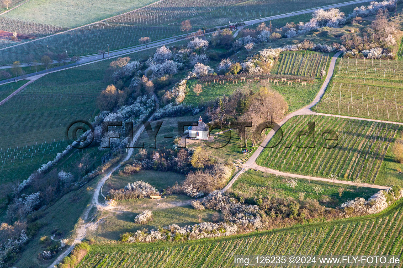 Aerial photograpy of Chapel "Kleine Kalmit" in the Kleine Kalmit nature reserve on Easter morning with spring blossom in the district Ilbesheim in Ilbesheim bei Landau in der Pfalz in the state Rhineland-Palatinate, Germany