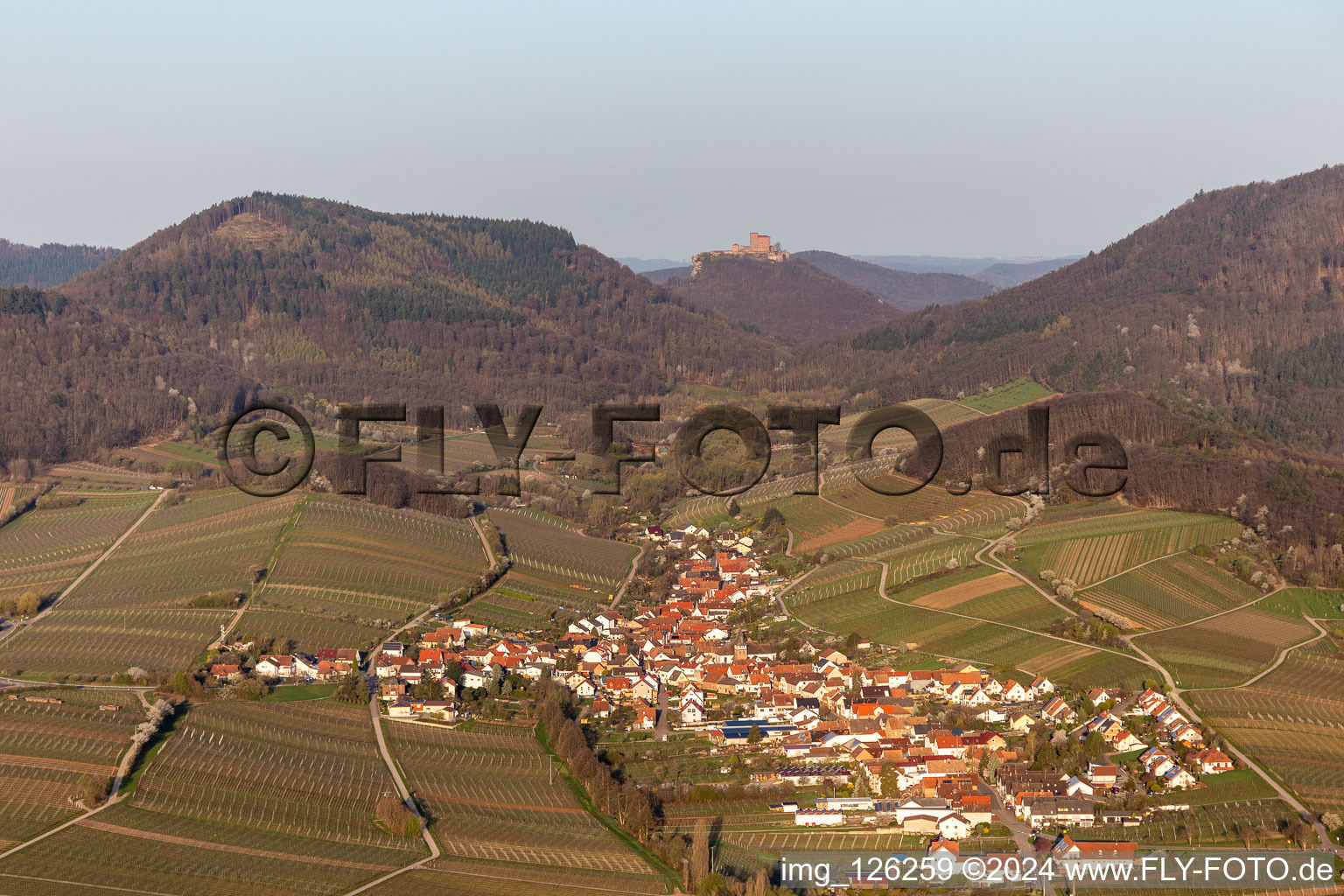 Aerial view of Village - view on the edge of wine yards in the spring before the Trifels in Birkweiler in the state Rhineland-Palatinate