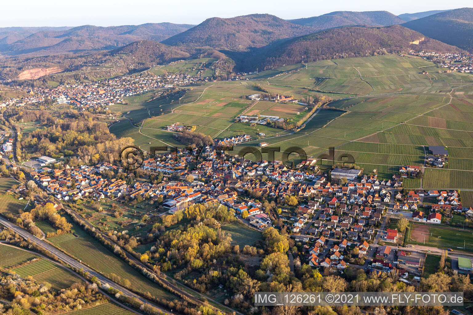 Aerial view of Siebeldingen in the state Rhineland-Palatinate, Germany