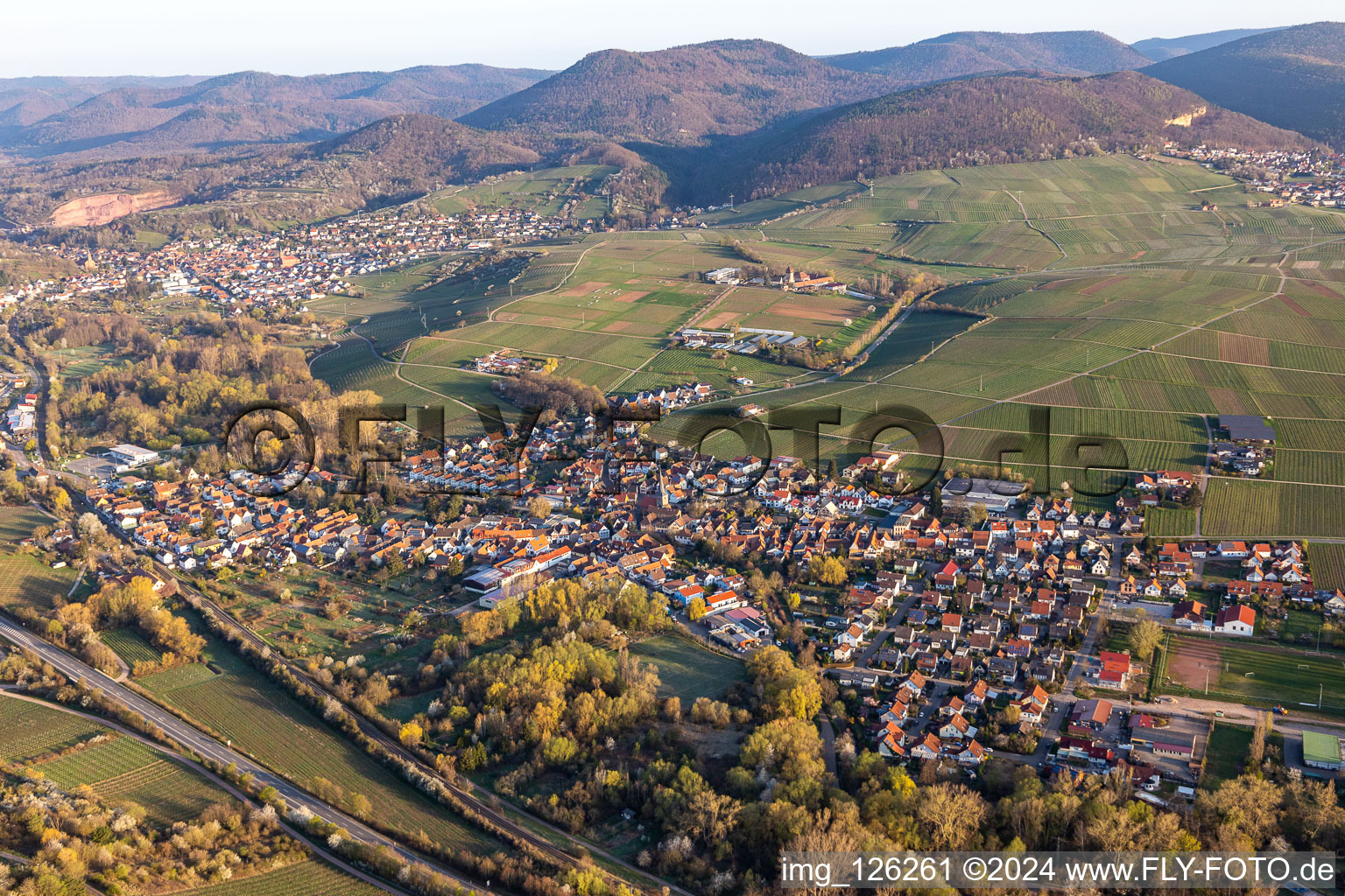 Aerial view of Siebeldingen in the state Rhineland-Palatinate, Germany