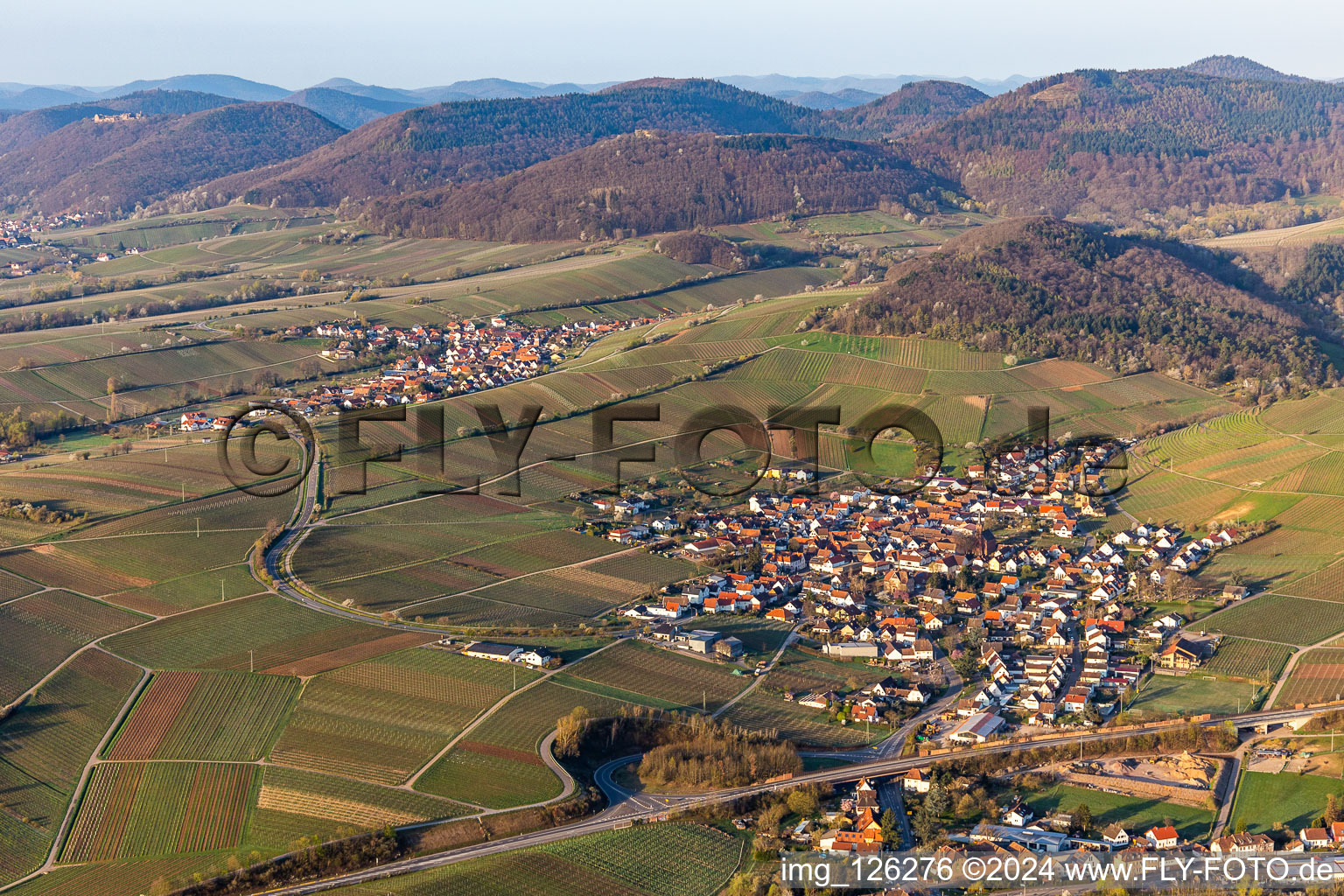 Building complex of the Institute Julius Kuehn Rebforschungsanstalt Geilweilerhof mit bluehenden Mandelbaeumen in Siebeldingen in the state Rhineland-Palatinate, Germany