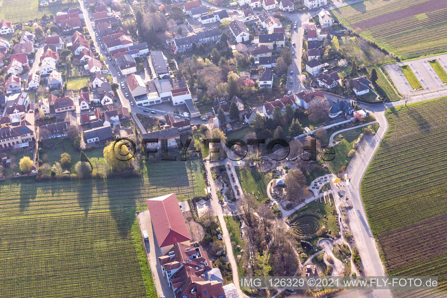 Aerial view of Alla Hopp! Exercise and meeting facility in Edenkoben in the state Rhineland-Palatinate, Germany