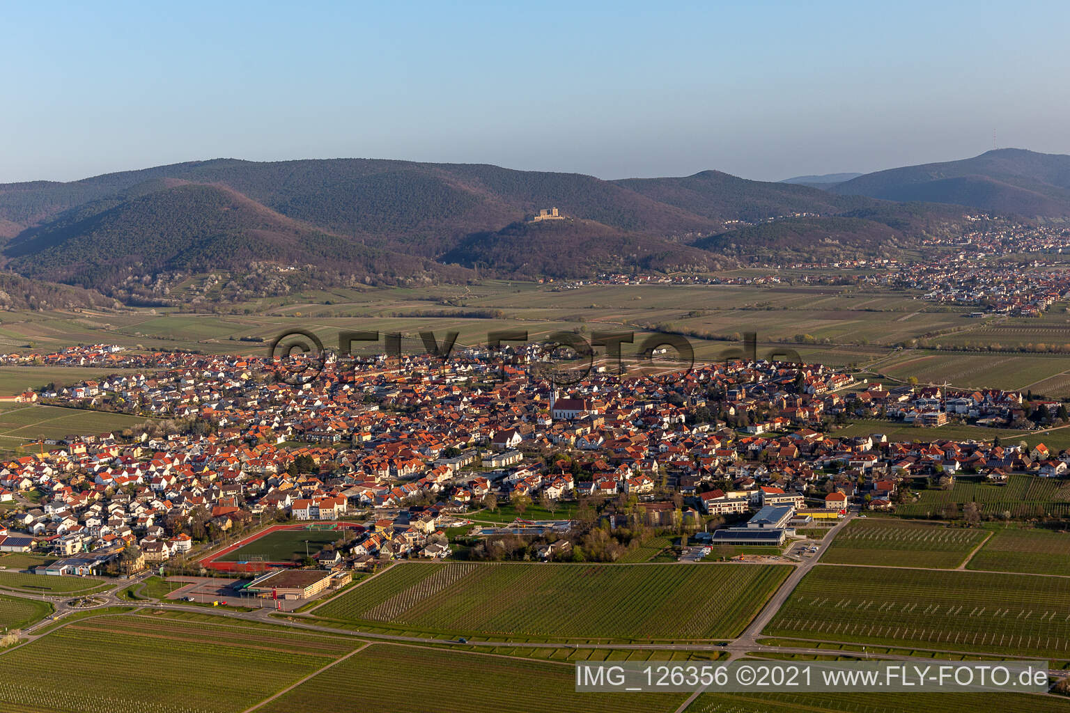 Location view of the streets and houses of residential areas in the rhine valley landscape surrounded by mountains in Edenkoben in the state Rhineland-Palatinate, Germany