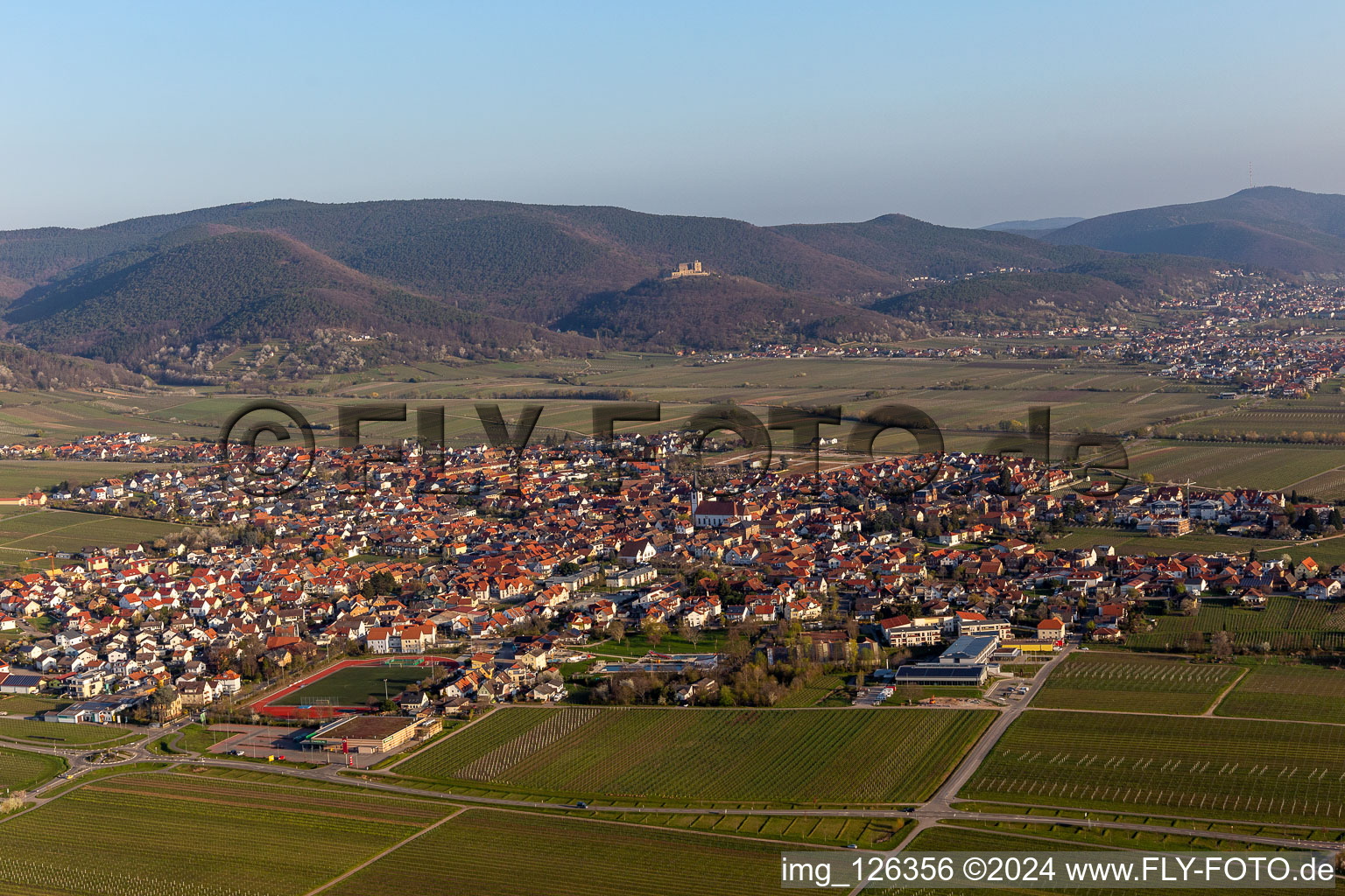 Location view of the streets and houses of residential areas in the rhine valley landscape surrounded by mountains in Edenkoben in the state Rhineland-Palatinate, Germany