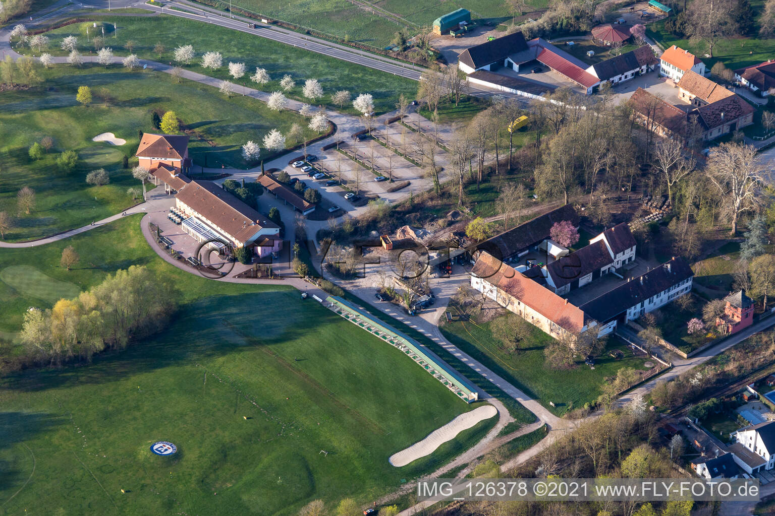 Aerial photograpy of Grounds of the Golf course at Landgut Dreihof GOLF absolute in Essingen in the state Rhineland-Palatinate