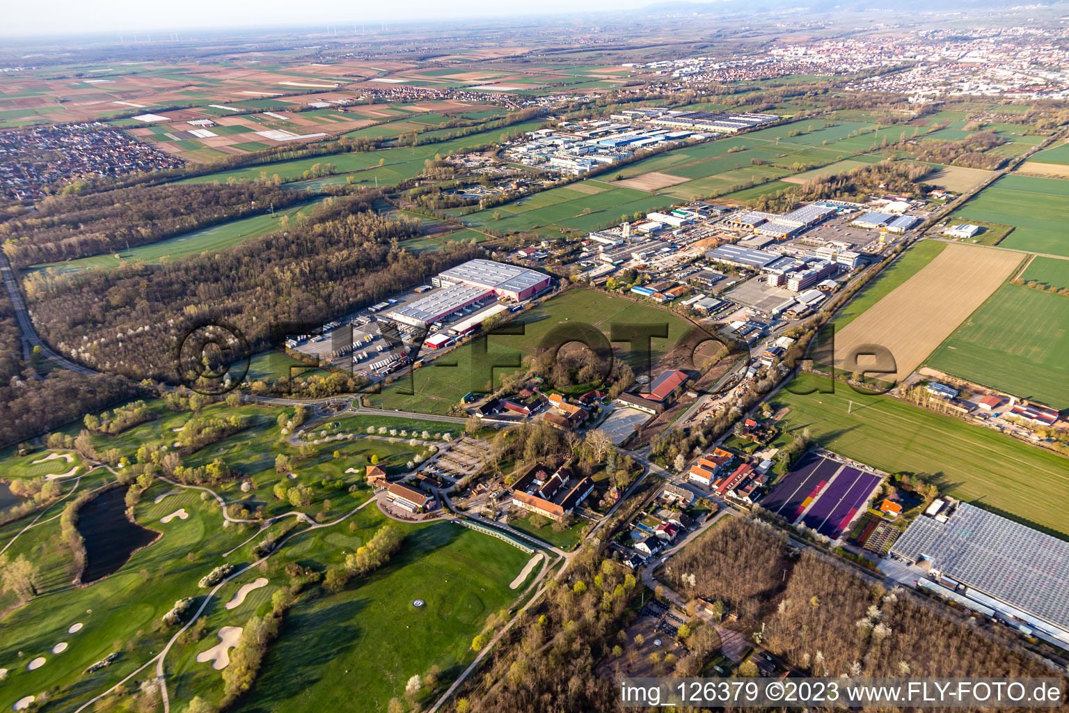 Aerial view of Industrial area Bornheim with Hornbach hardware store in Bornheim in the state Rhineland-Palatinate, Germany