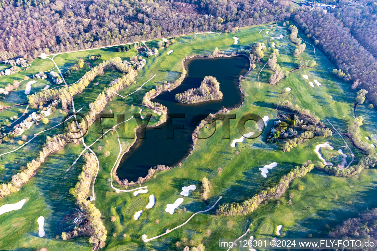 Blooming trees in the spring on the grounds of the Golf course at Landgut Dreihof GOLF absolute in Essingen in the state Rhineland-Palatinate