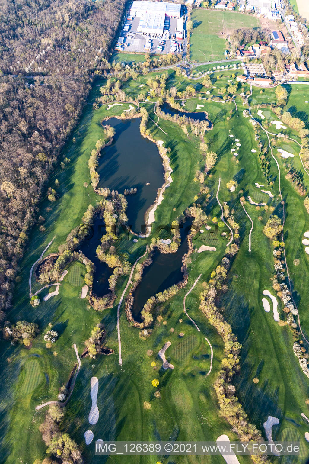 Blooming trees in the spring on the grounds of the Golf course at Landgut Dreihof GOLF absolute in Essingen in the state Rhineland-Palatinate from the plane