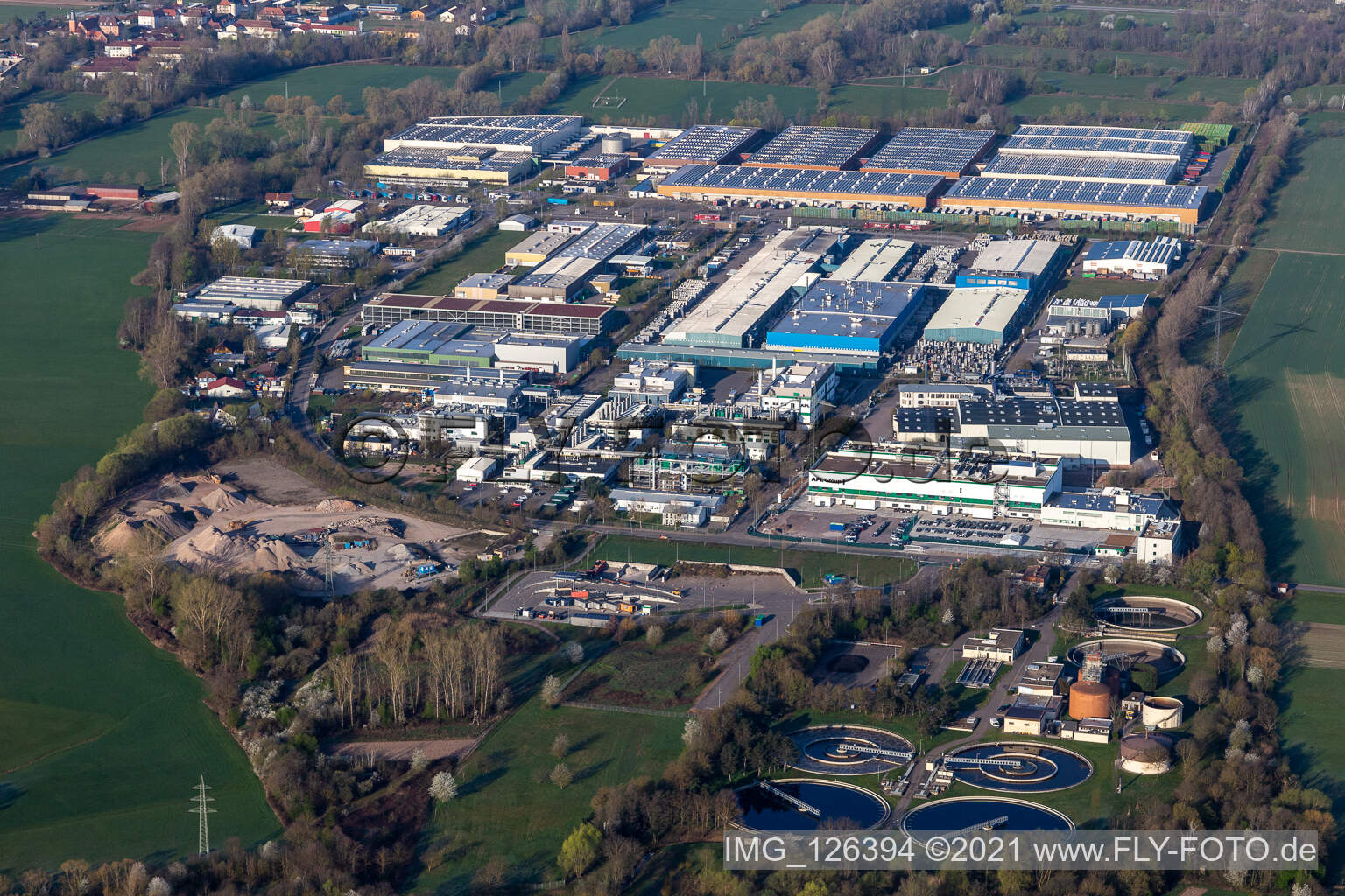 Industrial and commercial area Landau Ost with Michelin Tires and APL Automobil-Prueftechnik Landau GmbH in Landau in der Pfalz in the state Rhineland-Palatinate, Germany from above