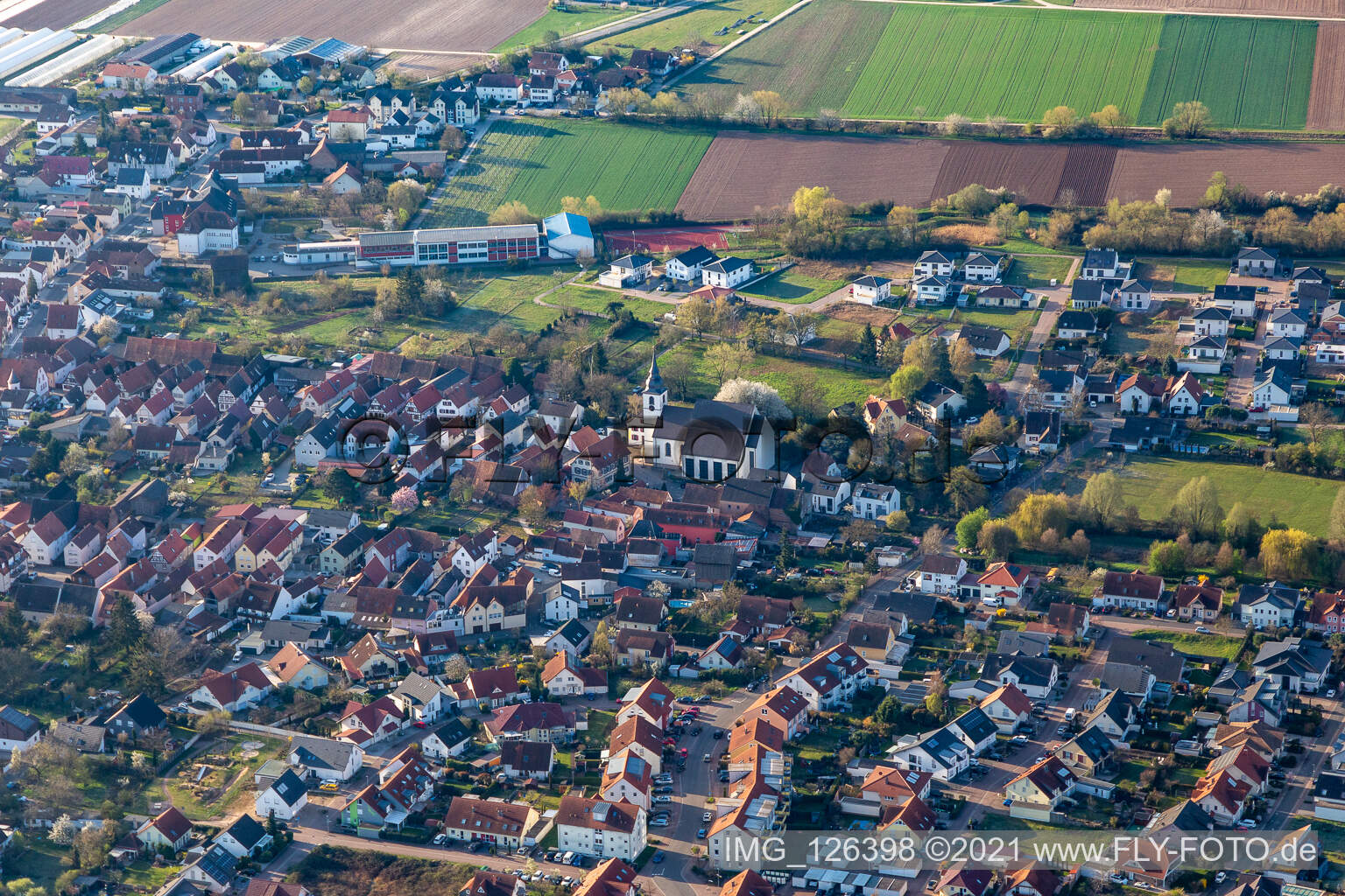 Offenbach an der Queich in the state Rhineland-Palatinate, Germany from a drone