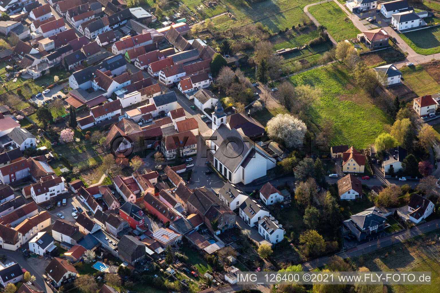 Offenbach an der Queich in the state Rhineland-Palatinate, Germany seen from a drone