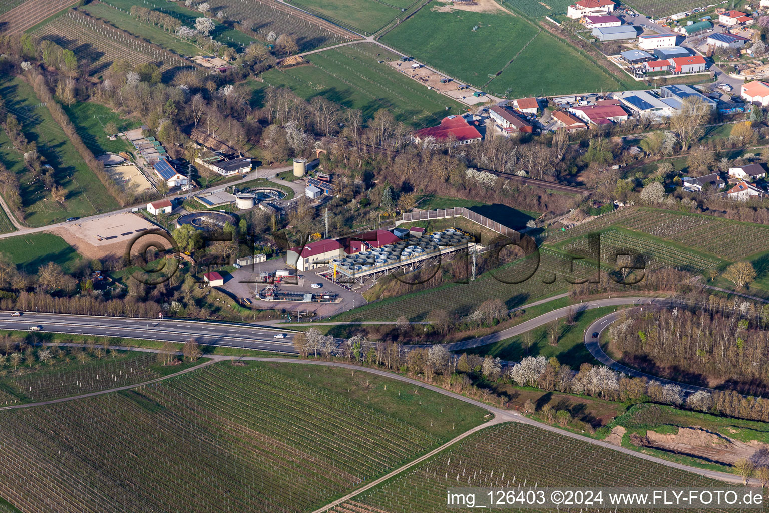 Oblique view of Power plants of thermal power station Geothermiekraftwerk in Insheim in the state Rhineland-Palatinate, Germany