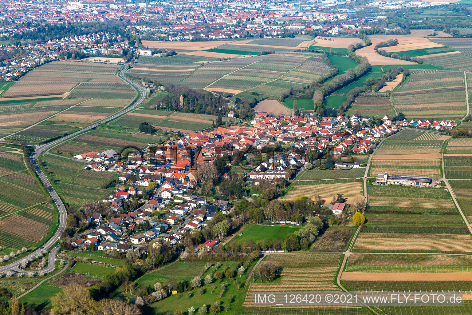 Village - view on the edge of agricultural fields and farmland in Wollmesheim in the state Rhineland-Palatinate, Germany