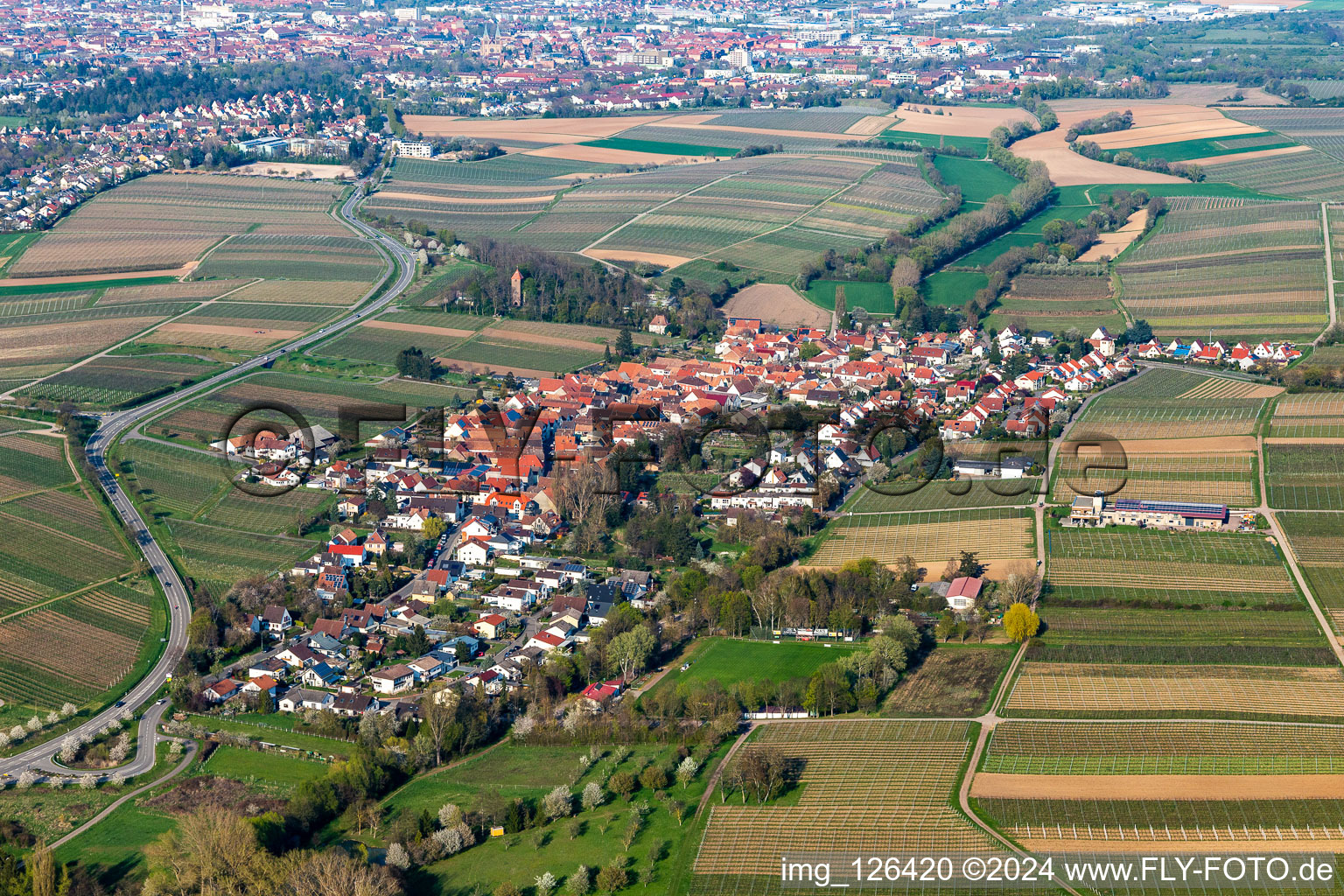 Village - view on the edge of agricultural fields and farmland in Wollmesheim in the state Rhineland-Palatinate, Germany