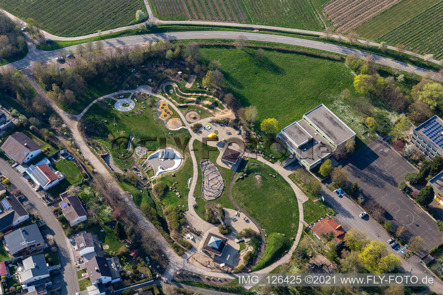 Aerial view of Playground Alla-Hopp Anlage in Ilbesheim bei Landau in der Pfalz in the state Rhineland-Palatinate, Germany