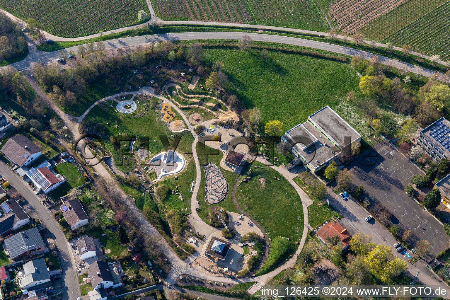 Aerial view of Playground Alla-Hopp Anlage in Ilbesheim bei Landau in der Pfalz in the state Rhineland-Palatinate, Germany