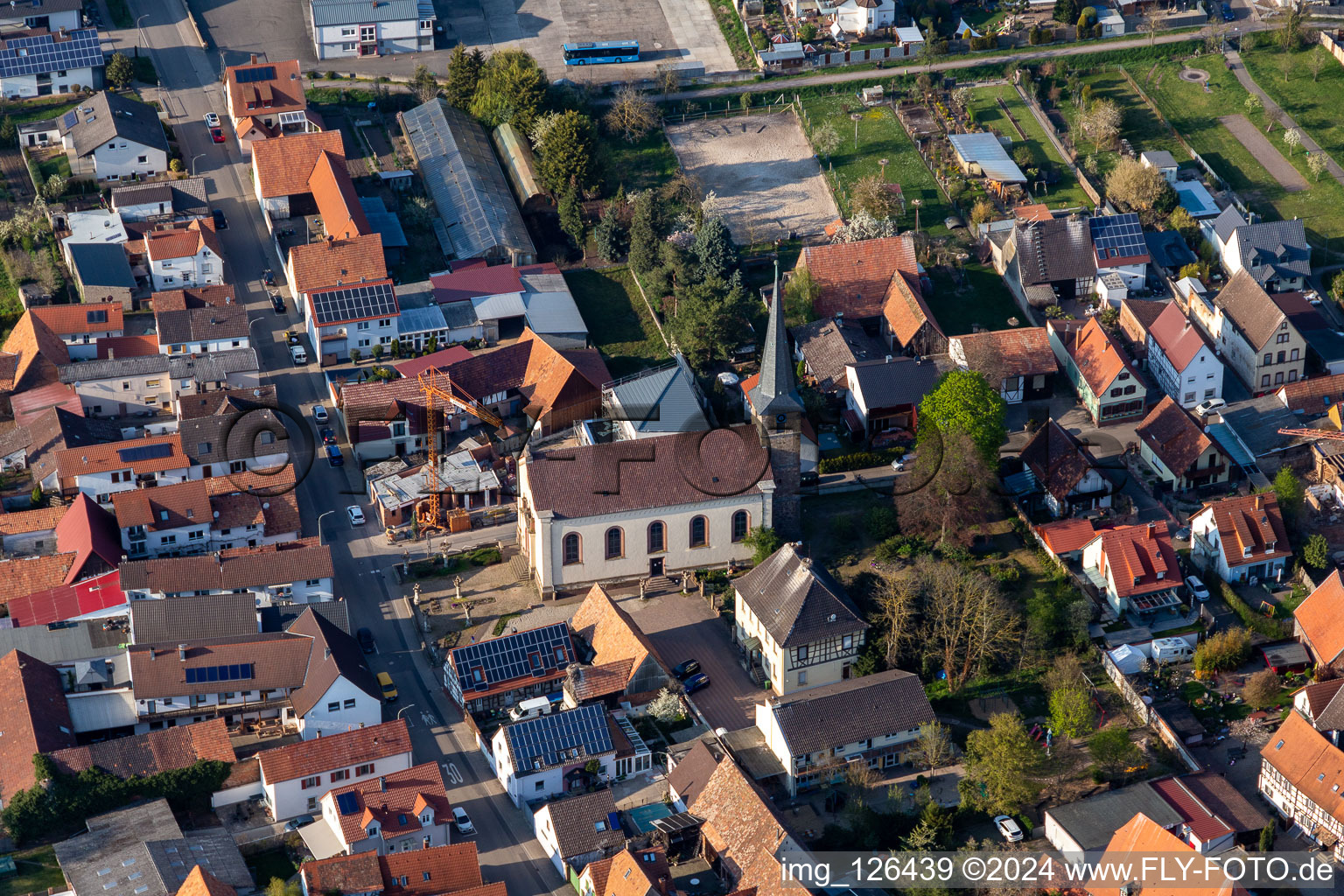 Aerial view of Church building in the village of in Knittelsheim in the state Rhineland-Palatinate, Germany