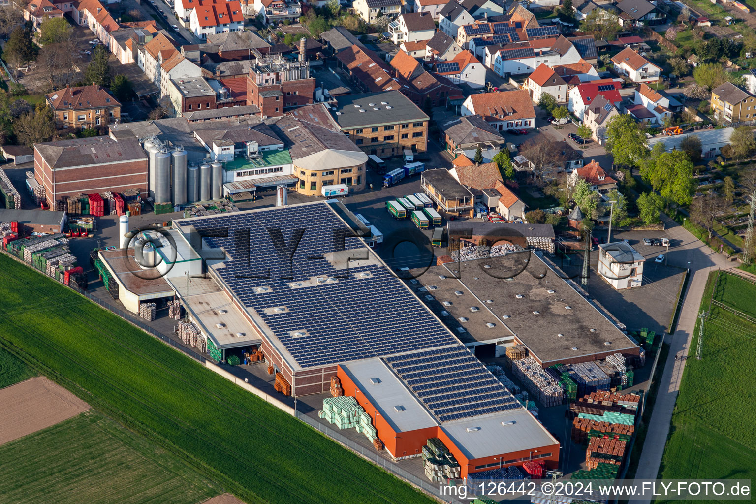 Aerial view of Factory premises of the BELLHEIMER BRAUEREI - PARK & Bellheimer breweries GmbH & Co. KG in Bellheim in the state Rhineland-Palatinate, Germany