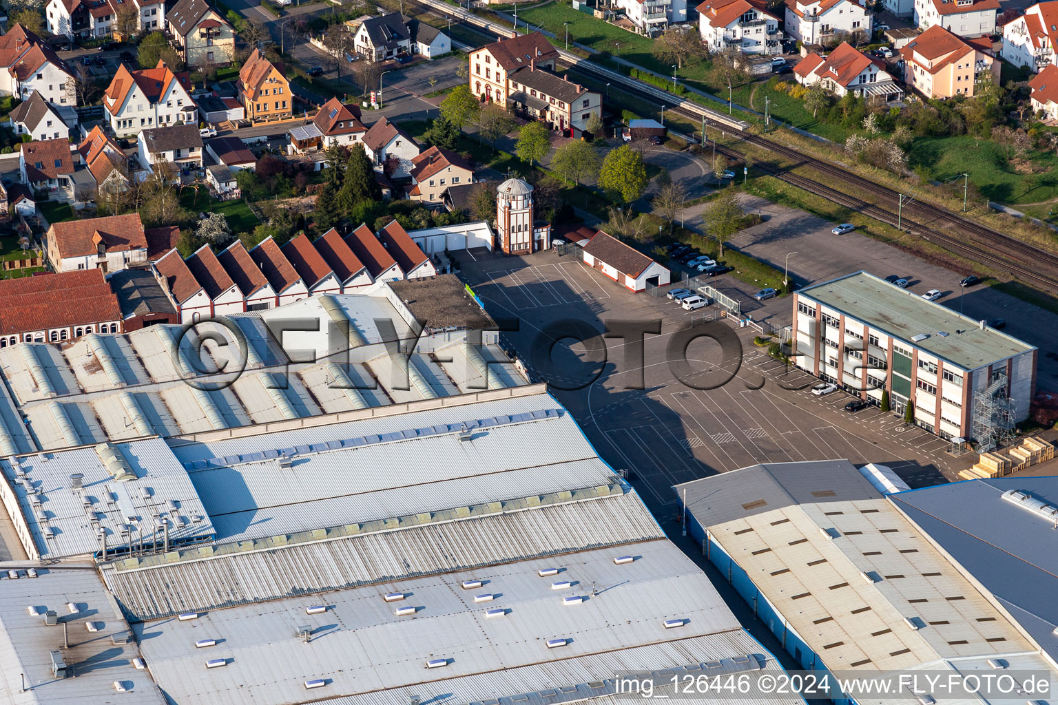 Aerial view of Company grounds and facilities of Kardex Remstar Maschinenbau in Bellheim in the state Rhineland-Palatinate, Germany