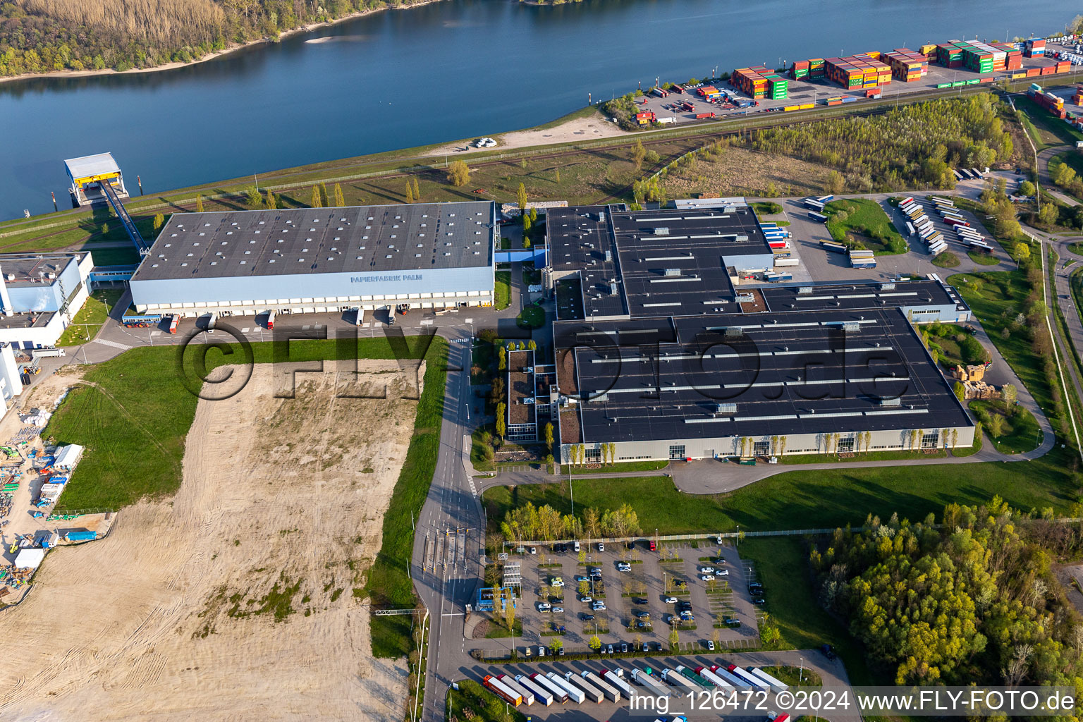 Aerial view of Paper Mill Palm GmbH in Wörth am Rhein in the state Rhineland-Palatinate, Germany