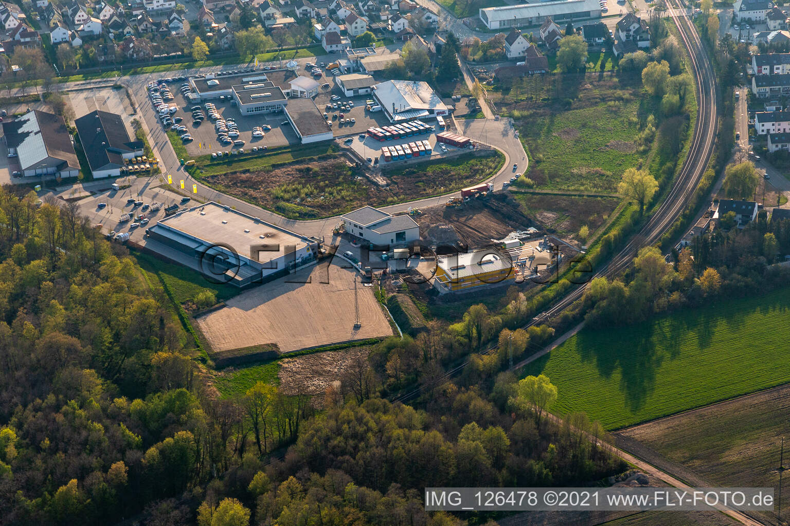 Aerial view of New Lauterburger Straße commercial area in Kandel in the state Rhineland-Palatinate, Germany