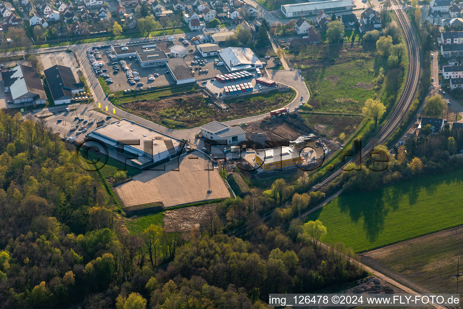 Aerial view of New commercial area Lauterburger Straße in Kandel in the state Rhineland-Palatinate, Germany