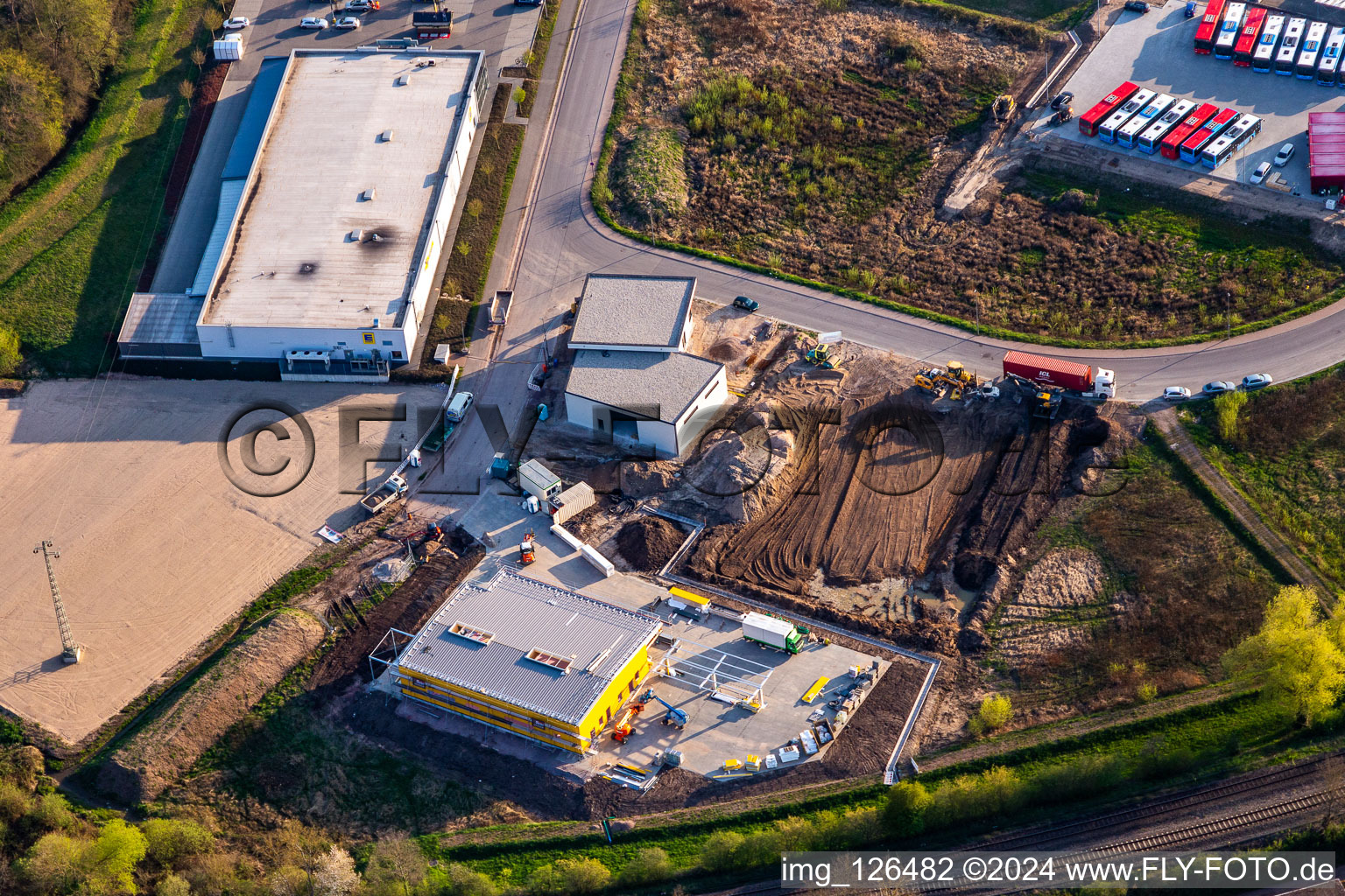 Oblique view of New commercial area Lauterburger Straße in Kandel in the state Rhineland-Palatinate, Germany