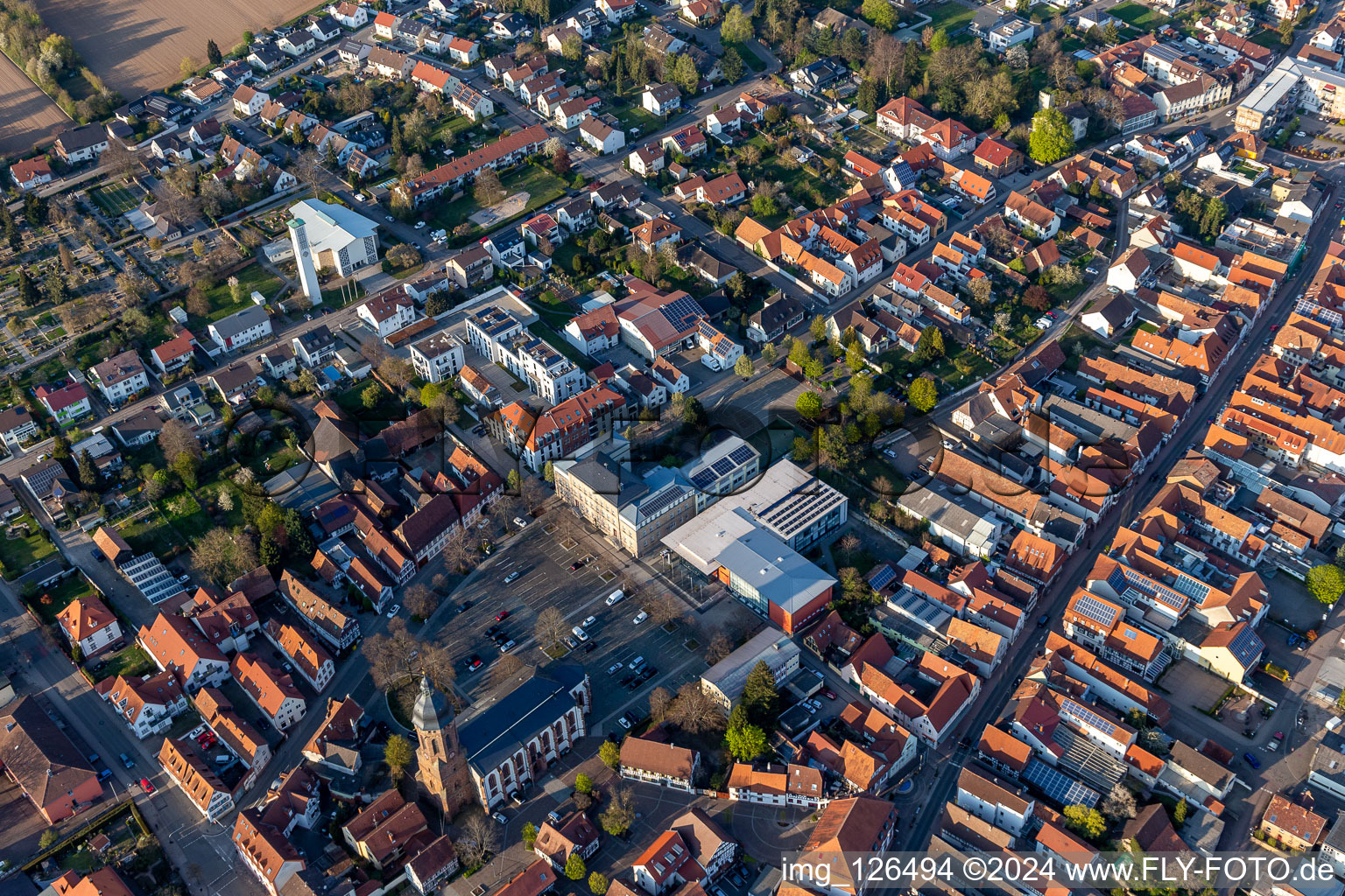 Aerial view of Main street and market square in Kandel in the state Rhineland-Palatinate, Germany